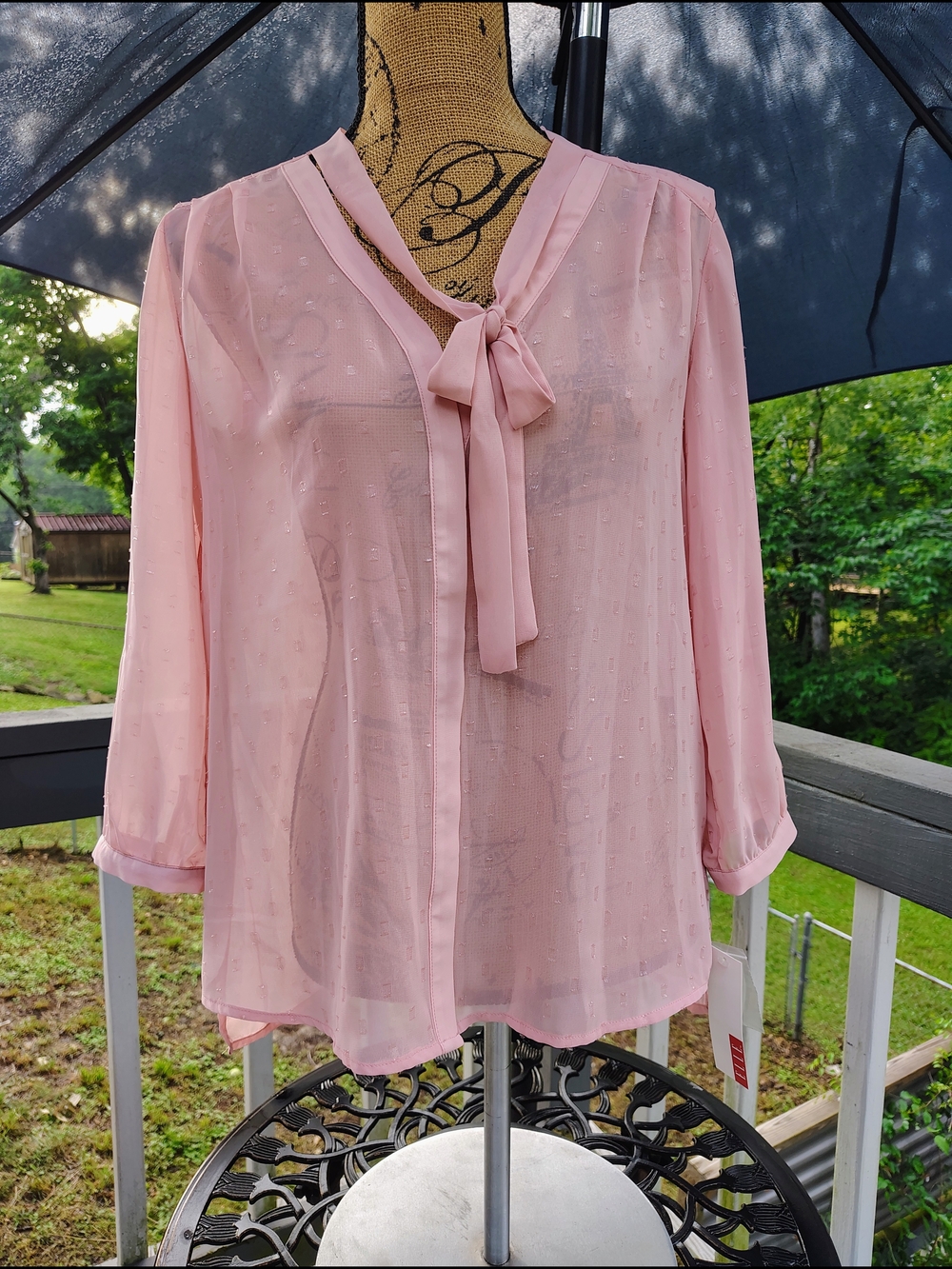 Elle Light Pink Sheer Tie-Neck Blouse